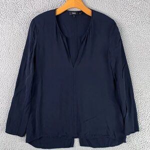 Theory Navy Blue 100% silk blouse. Front clasp. Tapered back. Small.